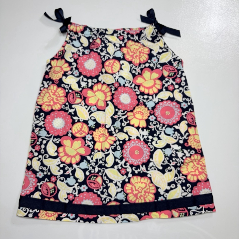 Hanna Andersson Girls Dress Size 100 Floral Tie Shoulder Navy Cotton Summer